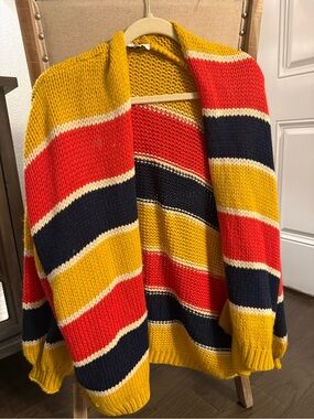 Striped Open-Front Cardigan Sweater in Mustard, Red & Navy